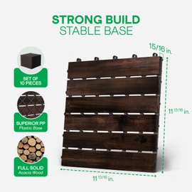 Idzo Interlocking Deck Tiles 9.6 SQFT - 10PCS Waterproof Acacia Wood Patio Tiles, Flooring Tiles for Indoor and Outdoor - Decking Stripe Pattern, 11.81 x 11.81 x 0.91 Inches, Dark Brown