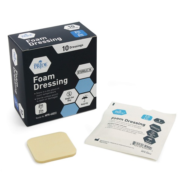 Medpride Foam Dressings- 10 Pack, 2 Inch by 2 Inches Size - Sterile, Hydrophilic, Highly Absorbent- Soft, Non-Adhesive Pads, Easy to Change- for Men & Women- for Ulcers, Post Op Trauma + Injuries