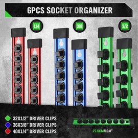 6-piece Socket Organizer Storage Set, 1/4-Inch, 3/8-Inch, 1/2-Inch Double Sided Aluminum Alloy Socket Holder Rail, Drive Socket Trays Holds 108 Sockets, 360° Swivel Clip Socket Holder Kit for Tool Box