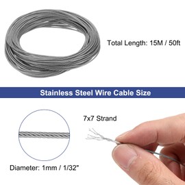 sourcing map 1/32" (1mm) 304 Stainless Steel Cable Wire Rope 7 x 7 Strands Core 50ft (15m) PVC Coated Aircraft Wire for Construction Outdoors Marine Rigging Decking Railings