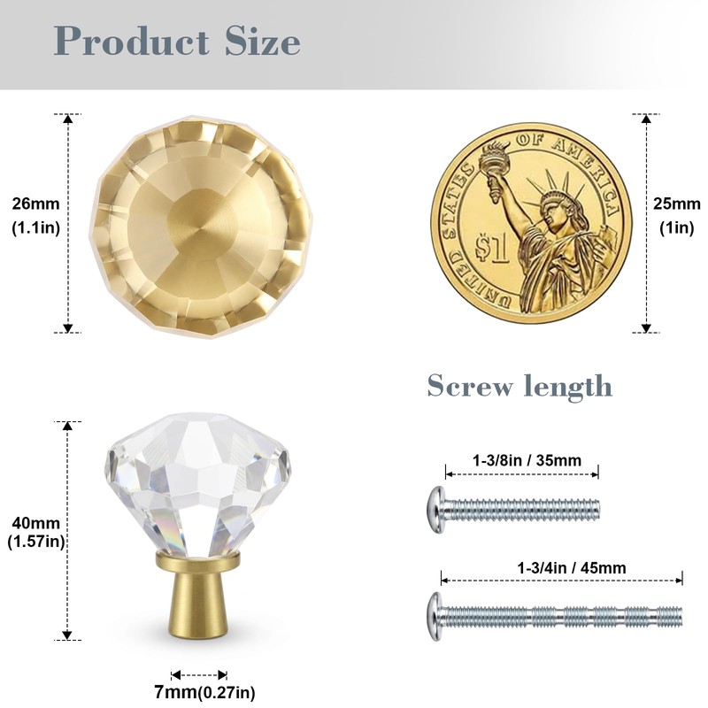 POZEAN 6 Pack Gold Tapered Diamond Cabinet Knobs, Clear Gold