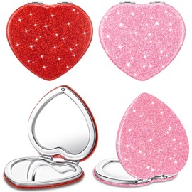 Briwooody 4 Pcs Compact Folding Mirror Mini Vanity Mirror Double Sided Cute Glitter Cosmetic Mirror Heart Shaped Portable Travel Magnifying Makeup Mirror for Women Home Valentine's Day(Red, Pink)