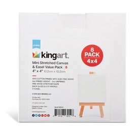 KINGART 856-8 White Mini 4" x 4" STRETCHED ARTIST CANVAS w/Display Easels, Value Pack 8 each. Square Canvases & Wood Easels, Gesso Primed - 100% Cotton, Art Supplies for Oil and Acrylic Painting