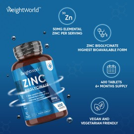 High Strength Zinc Tablets 50mg – 400 Vegan Zinc Bisglycinate Tablets 6+ Months Supply – High Absorption Zinc Supplements for Skin, Hair and Nail - Immunity Supplements for Men & Women