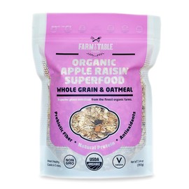 Farm to Table Foods Organic Apple Raisin Superfood Oatmeal - High Protein, Whole Grain, Plant Based,Non-GMO - 1 Pack (14 oz. Bag)