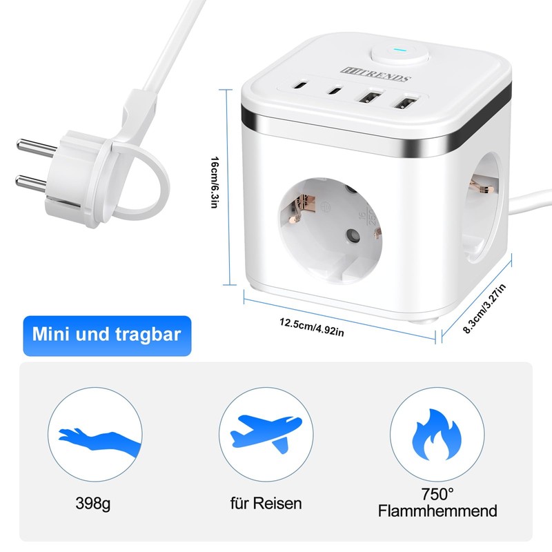 Socket Cube with USB 2 m with Plug Flat