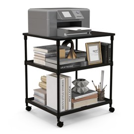 Giantex Printer Stand, 3-Tier Industrial Printer Cart with Lockable Wheels, Adjustable Shelves, Metal Frame, Mobile Under Desk Shelf for Home Office, Printer Table Fit Fax Machine, Scanner (Black)