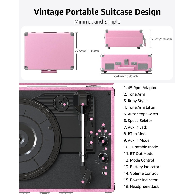 Silwisun Bluetooth in/Out Record Player with Speakers Turntable