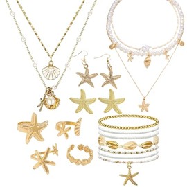OZYXYZO 15 Pcs Bohemian Gold-Plated Jewelry Set with Shell & Starfish Beach Charms, Layered Necklace & Anklet for Summer Holiday Gifts