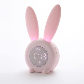 KDtech Kids Alarm Clock with Night Light 6 Ringtones, Cute Pink Bunny Digital Alarm Clock for Kids, Touch Control and Rechargeable Sleep Trainer Clock for Boys Girls Bedroom