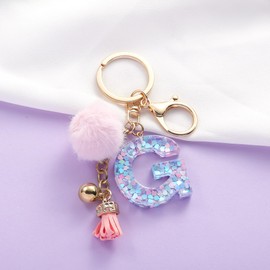 QUKE Alphabet Initial Letter Keychain for Women Girls Resin Keyring for Purse School Bag With Pink Fur Ball Pom - G