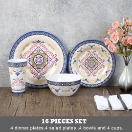 Melamine Dinnerware Set for 4-16 Pcs,Camping Dishes Set with Dinner Plates,Salad Plates,Bowls and Cups.Lightweight and Unbreakable