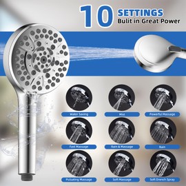 All Metal Shower Head, 10" High Pressure Rainfall/Handheld Shower Combo with 11" Extension Arm, 10-Spray Handheld Showerhead, 71" Long Hose, 3-Way Diverter Valve, Chrome