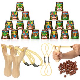 TICIAGA Summer Luau Tiki Stacking Cups Game Set with Toss Sling Shot for Party, Hawaiian Aloha Tiki Tropical Party Game, Summer Beach Birthday Accessories 2 Wooden Slingshot 24 Cup 50 Pellet & 2 Band