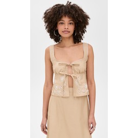 MOON RIVER Women's Eyelet Detail Top, Khaki, Tan, M