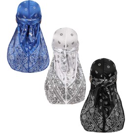 Assorted Paisley Bandana Doo rag Cap Headwraps Men's Women's Silk Durag with Long Tail and Wide Straps for 360 Waves (Black,Navy Bule,White)