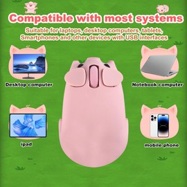 LIKE SHOW Wireless Mouse Bluetooth 5.1 + 2.4 GHz USB Cute Cartoon Quiet Wireless Mouse for Children Girls Left and Right Handed Compatible with PC, Computer, Mac, Laptop (Gift Pink)