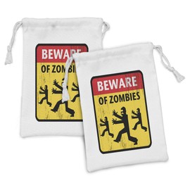 Ambesonne Zombie Fabric Pouch Set of 2, Beware of the Zombies Fiction Humor Sign Warning Emblem Modern Graphic Art, Small Drawstring Bag for Toiletries Masks and Favors, 9" x 6", Yellow Black Red