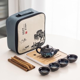CENPEK Black Travel Tea Set Japanese Tea Service with Teapot Mini Gongfu Tea Sets for Adults Mens Gifts