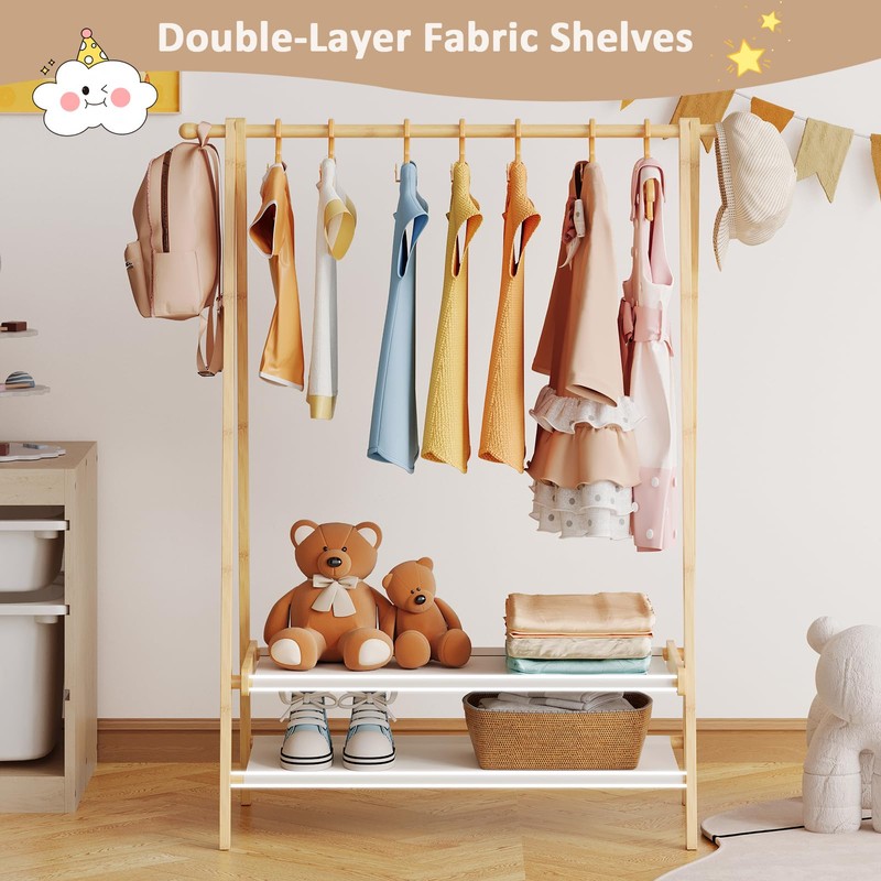 Aetherika Kids Clothing Rack with 2 Fabric Shelves, Foldable Child