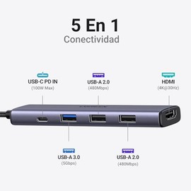 UGREEN USB C Hub, 5 en 1 Adaptador USB C Multipuerto Aluminio a 4K 30Hz HDMI, 1 USB 3.0 y 2 USB 2.0, PD Carga Compatible con MacBook M1 M2 Pro Air iPa