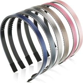 WILLBOND 6 Pieces Skinny Leather Covered Headband Plastic Skinny Headband Hair Loop Solid Color Simple Hairbands for Women(1.1 cm,Lustrous Pink, Rose Red, Blue, Gold, Silver and Grey)