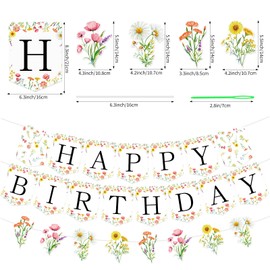 Adecortalk Flower Happy Birthday Banner Wildflower Butterfly Party Decorations Floral Garland Bunting Sign for Women Girls Birthday Baby Shower Party Decorations