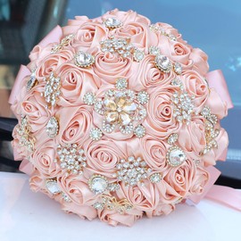 Ramo de Boda Nupcial de 7.5" Rosa Melocotón Redondo con Broche Brillante Ramo para Lanzar Rosas Artificiales Ramillete de Flores para Novia Dama de Honor Boda Quinceañera