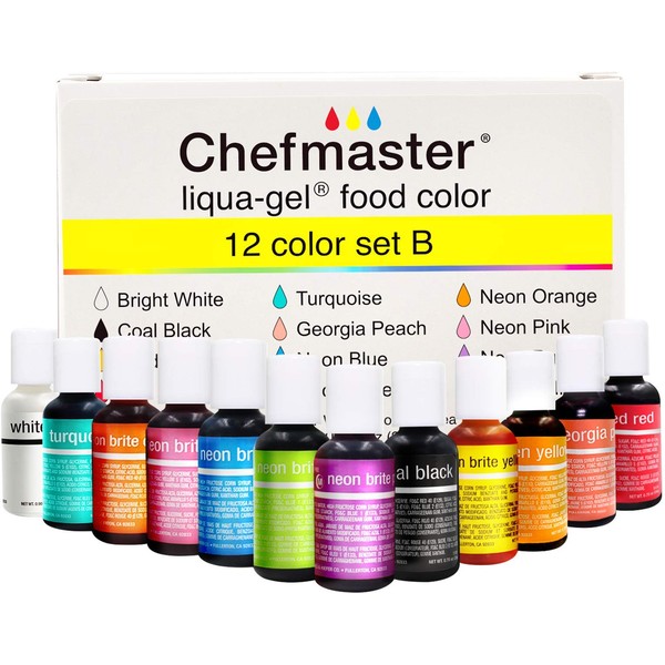 Chefmaster - Liqua-Gel Food Coloring - 12 Color Set B - Fade Resistant - 12 Pack - Vibrant, Eye-Catching Colors, Easy-To-Blend Formula, Fade-Resistant - Made in the USA