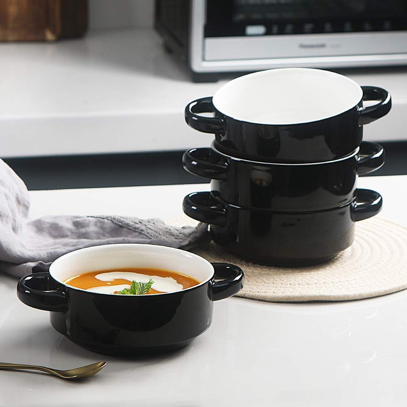 SWEEJAR Ceramic Soup Bowls with Double Handles, 20 Oz Stacked
