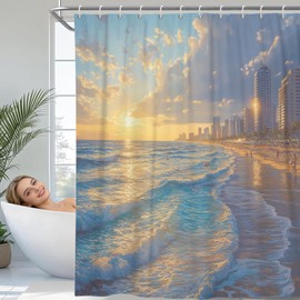 ChloropLastid Beach Ocean Shower Curtain, 72x72 Teal Blue Cute Nautical Coastal Shower Curtains for Bathroom Machine Washable, Summer Polyester Fabric Shower Curtain Set with Hooks