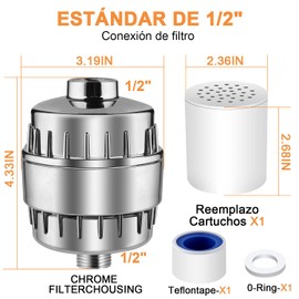 Filtro de Ducha para Baño - Sistema de 20 Etapas Universal con 2 Cartuchos Reemplazables - Elimina Cloro e Impurezas del Agua - Filtro Purificador de Agua para Regadera, Shower Filter (Plata)