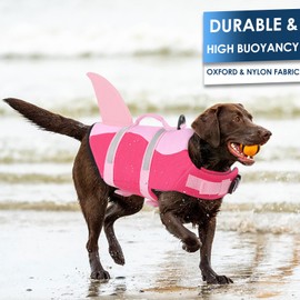 AOFITEE Small Dog Life Jacket, Shark for Swimming, High Flotation Life Jacket with Rescue Handle and Reflective Strips for Small, Medium, Large Dogs, Pink S