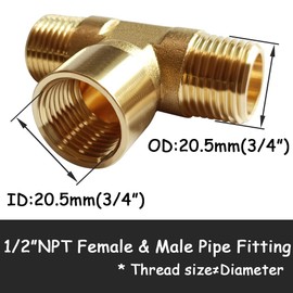 2PCS Brass Tee Pipe Fitting 1/2" NPT Male x 1/2" NPT Female x 1/2" NPT Male for Water/Oil/Gas