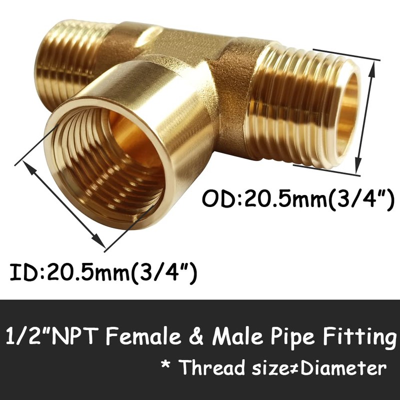 2PCS Brass Tee Pipe Fitting 1/2" NPT Male x 1/2"