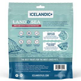Icelandic+ Land & Sea Wild Caught Cod Skin & Freeze-Dried Beef Liver - 6.75oz Bag, Dog Treat & Food Topper, 2 Ingredients, No Preservatives, Natural