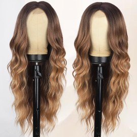 XIXIBI Long Ombre Brown Wigs for Women, Synthetic Ombre Brown to Light Brown Middle Part Curly Wavy Wigs for Daily Cosplay Use 26Inch