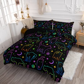 Black Cat Bedding Cartoon Cat Comforter Set Queen,Moon Stars Printed Kids Bedding Set for Boys Girls Adults Room Decor,Kids Comforter Set All Season,1 Quilt 2 Pillow Cases,Neon Color Blue Green
