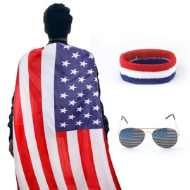 LUTER 3PCS Accessories for 4th of July, American Flag Costume Cape, Retro 80's American USA Sunglasses and Red White and Blue Bandana Headband, Outfits for Independence Day for Adult Men Women