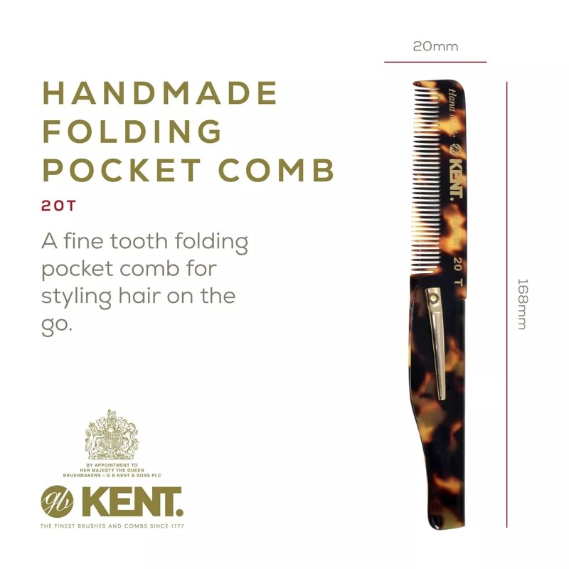 Kent 20T Handmade Folding Pocket Comb for Men, Fine Tooth