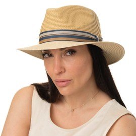 Stetson Romaro Toyo Traveller Straw Hat Men – Summer Hat Made of Viscose – UV Protection 40+ – Wide Brim – With Striped Grosgrain Ribbon Set – Sun Hat – Men's Hat – Spring/Summer, gray