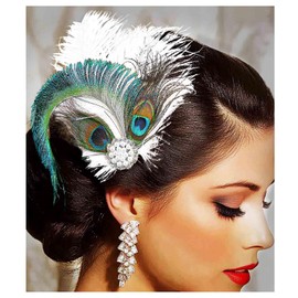 Yokawe 1920s Peacock Feather Hair clip Flapper Fascinators White Pearl Gatsby Hair Accessories for Women (B)
