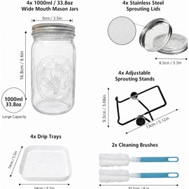 4 Large 1000ML Wide Mouth Mason Jar Sprouting Kit, with Stainless Steel Stand, Drain Tray & Cleaning Brush, High Germination for Beans, Broccoli, Fresh Sprouts