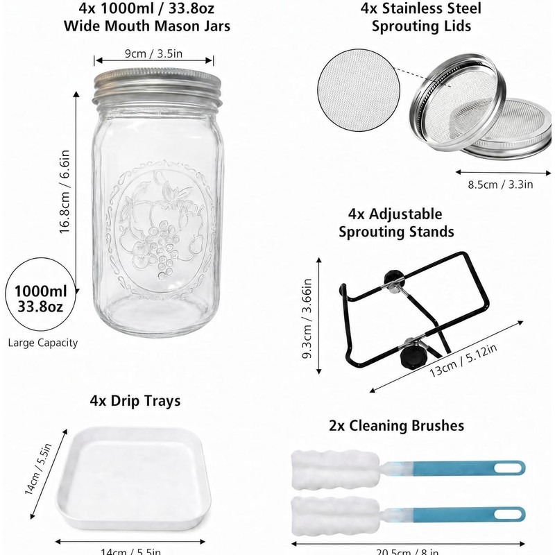 4 Large 1000ML Wide Mouth Mason Jar Sprouting Kit, with
