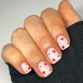 KTAABTR 24Pcs Valentines Press on Nails Short Square Nails Red Heart Fake Nails with Glue Pink Glossy Acrylic Nails Design Valentines Heart Stick on Nails for Women Girls DIY Heart Nail Decoration