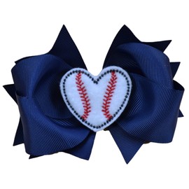 Baseball Hair Bow with Embroidered Heart Funny Girl Designs 4.5 Inch Bow (Navy)