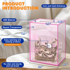 Large Acrylic Clear Piggy Bank, Money Saving Box for Cash Saving with Key, Openable Clear Acrylic Savings Jar for Adults Kid (Pink)
