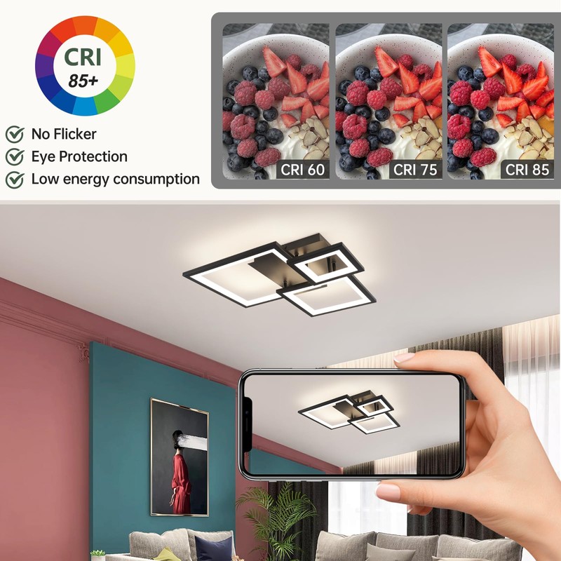 HLILCEH Modern Black Led Ceiling Light 3-Square Design 3000K-6500K Dimmable