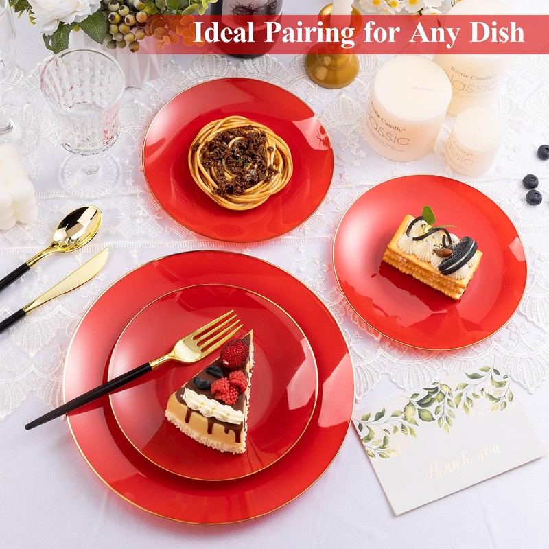 100PCS Red Gold Plastic Plates for 50 Guests, Hefty Disposable