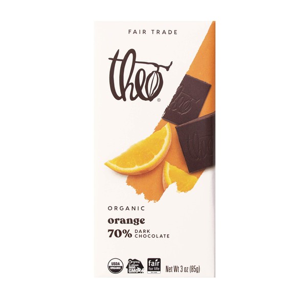 Theo Chocolate Organic Orange 70% Dark Chocolate Bar, 3 Ounce